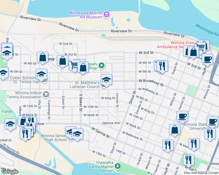 map of restaurants, bars, coffee shops, grocery stores, and more near 753 West Wabasha Street in Winona