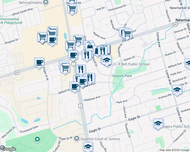 map of restaurants, bars, coffee shops, grocery stores, and more near Monkswood Crescent in Newmarket