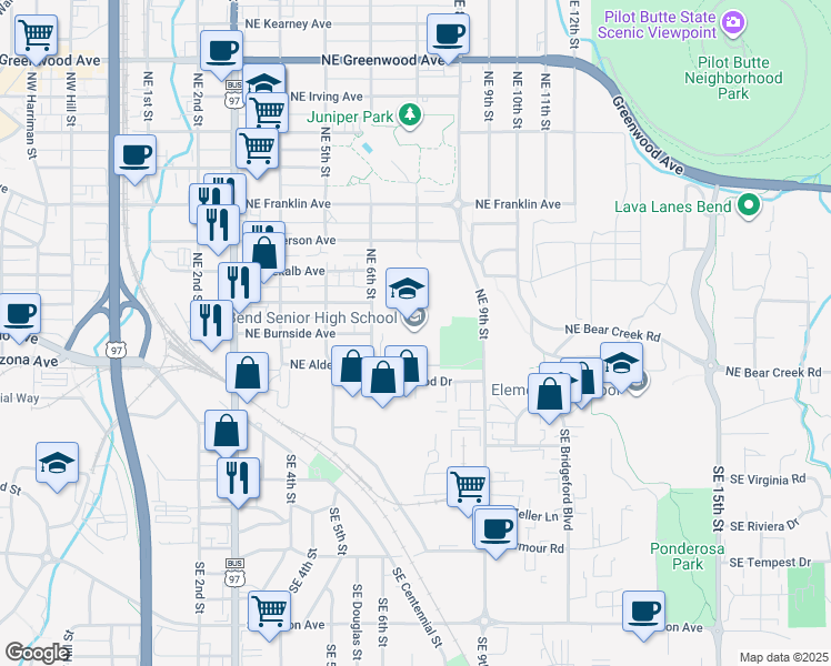 map of restaurants, bars, coffee shops, grocery stores, and more near 230 Northeast 6th Street in Bend