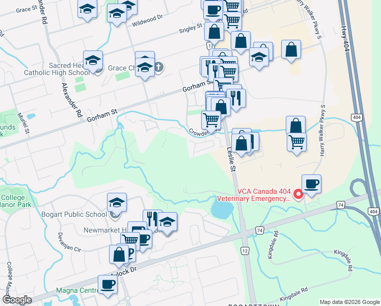 map of restaurants, bars, coffee shops, grocery stores, and more near 119 William Curtis Circle in Newmarket
