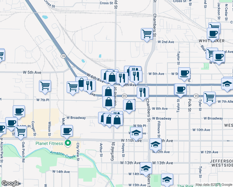 map of restaurants, bars, coffee shops, grocery stores, and more near 1997 West 7th Avenue in Eugene