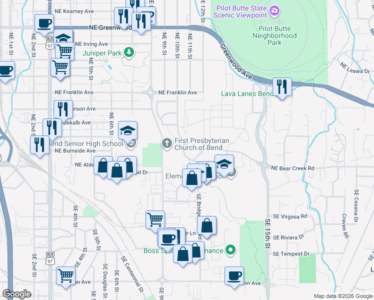 map of restaurants, bars, coffee shops, grocery stores, and more near 1017 Northeast Bear Creek Road in Bend