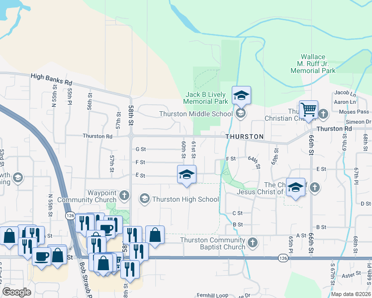map of restaurants, bars, coffee shops, grocery stores, and more near 5995 G Street in Springfield