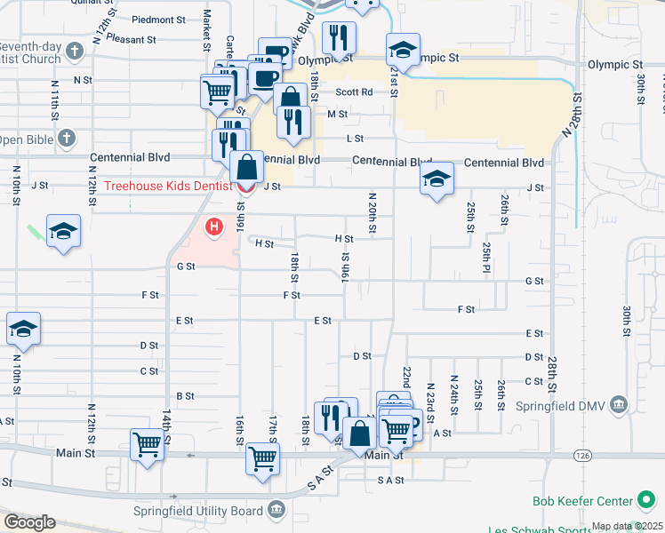 map of restaurants, bars, coffee shops, grocery stores, and more near 1879 G Street in Springfield
