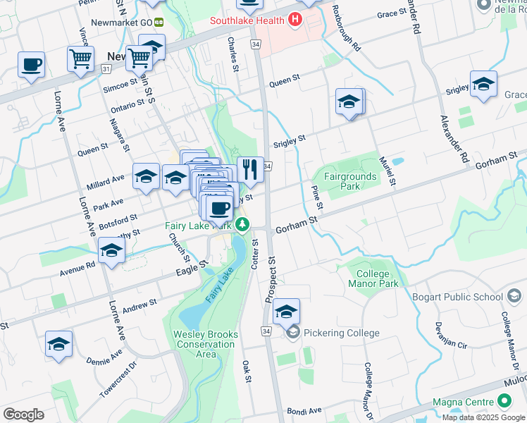 map of restaurants, bars, coffee shops, grocery stores, and more near in Newmarket