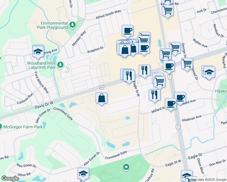 map of restaurants, bars, coffee shops, grocery stores, and more near 171 John Bowser Crescent in Newmarket