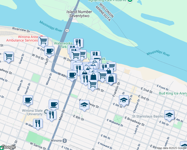 map of restaurants, bars, coffee shops, grocery stores, and more near 101 East 3rd Street in Winona