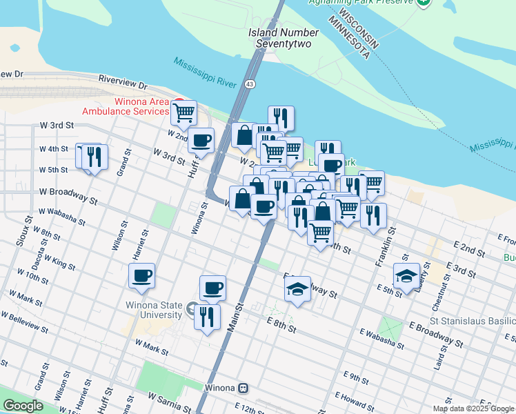 map of restaurants, bars, coffee shops, grocery stores, and more near 160 Johnson Street in Winona