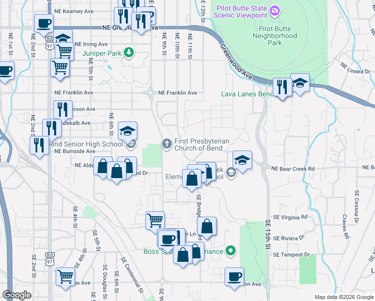 map of restaurants, bars, coffee shops, grocery stores, and more near 121 Northeast Alden Avenue in Bend