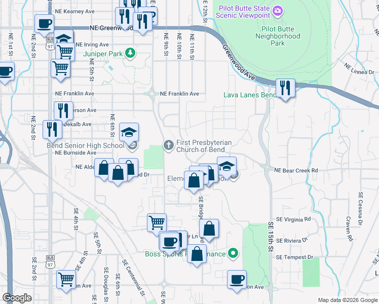map of restaurants, bars, coffee shops, grocery stores, and more near 1007 Northeast Bear Creek Road in Bend