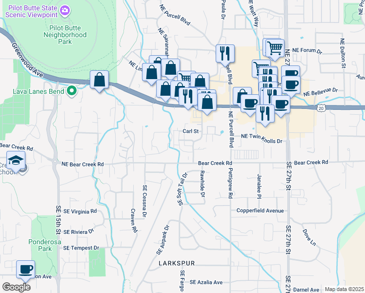 map of restaurants, bars, coffee shops, grocery stores, and more near 62009 Northeast Nate's Place in Bend
