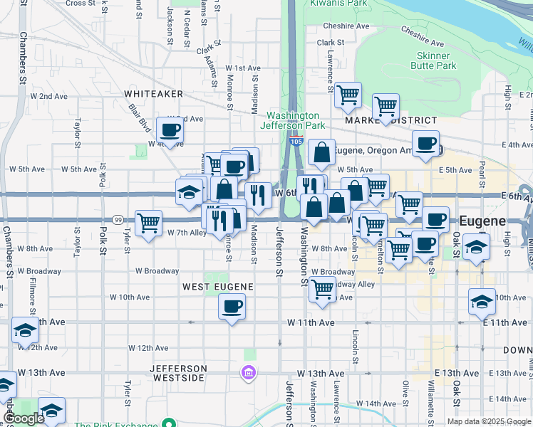 map of restaurants, bars, coffee shops, grocery stores, and more near 640 West 7th Avenue in Eugene