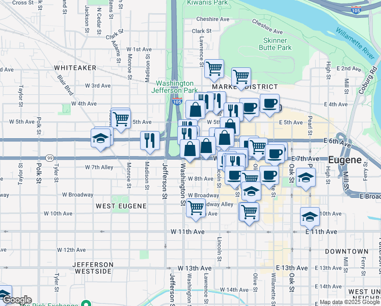 map of restaurants, bars, coffee shops, grocery stores, and more near 495 West 7th Avenue in Eugene