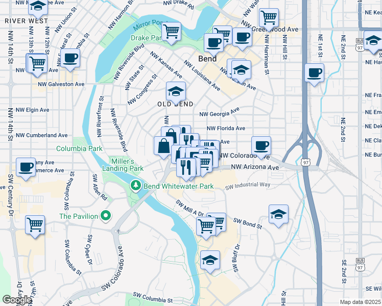 map of restaurants, bars, coffee shops, grocery stores, and more near 111 Northwest Bond Street in Bend