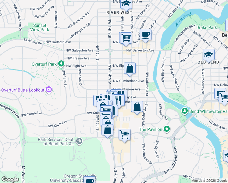 map of restaurants, bars, coffee shops, grocery stores, and more near 1404 Northwest Albany Avenue in Bend