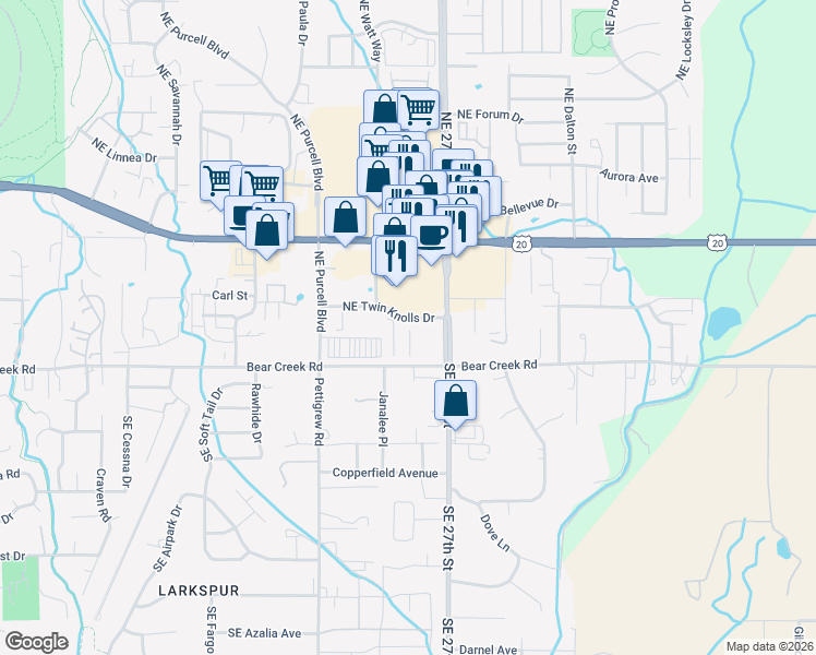map of restaurants, bars, coffee shops, grocery stores, and more near 2669 Northeast Twin Knolls Drive in Bend