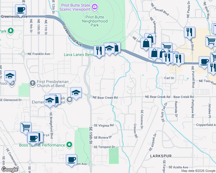 map of restaurants, bars, coffee shops, grocery stores, and more near 191 Northeast Alpenview Lane in Bend