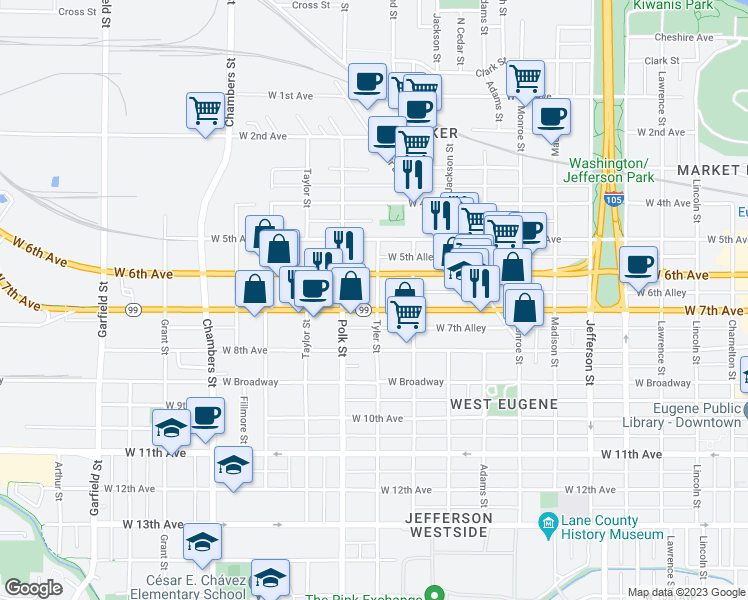 map of restaurants, bars, coffee shops, grocery stores, and more near 670 Tyler Street in Eugene