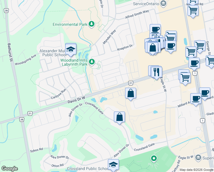 map of restaurants, bars, coffee shops, grocery stores, and more near 162 Vantage Loop in Newmarket