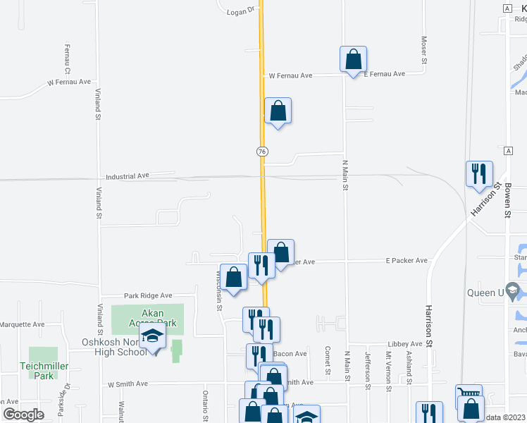 map of restaurants, bars, coffee shops, grocery stores, and more near Jackson Street in Oshkosh