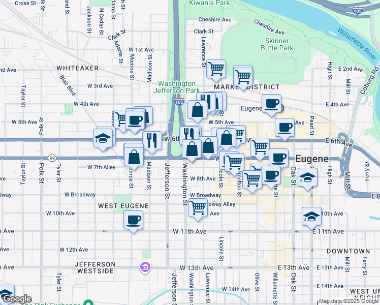 map of restaurants, bars, coffee shops, grocery stores, and more near 495 West 7th Avenue in Eugene