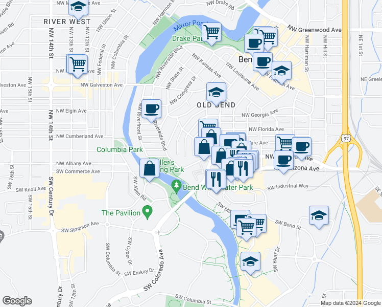 map of restaurants, bars, coffee shops, grocery stores, and more near 113 Northwest Adams Place in Bend