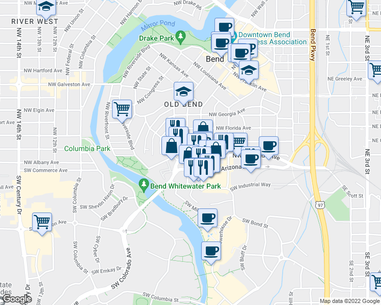 map of restaurants, bars, coffee shops, grocery stores, and more near 725 Northwest Colorado Avenue in Bend