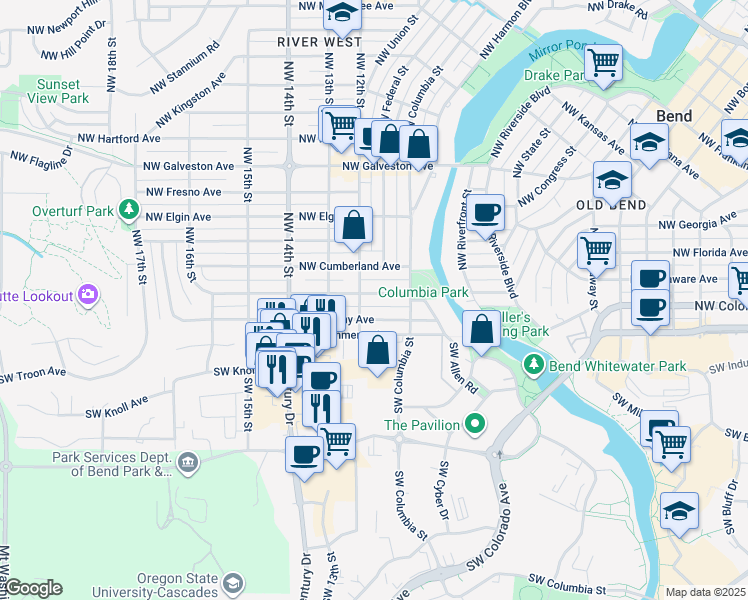 map of restaurants, bars, coffee shops, grocery stores, and more near 1034 Northwest Albany Avenue in Bend