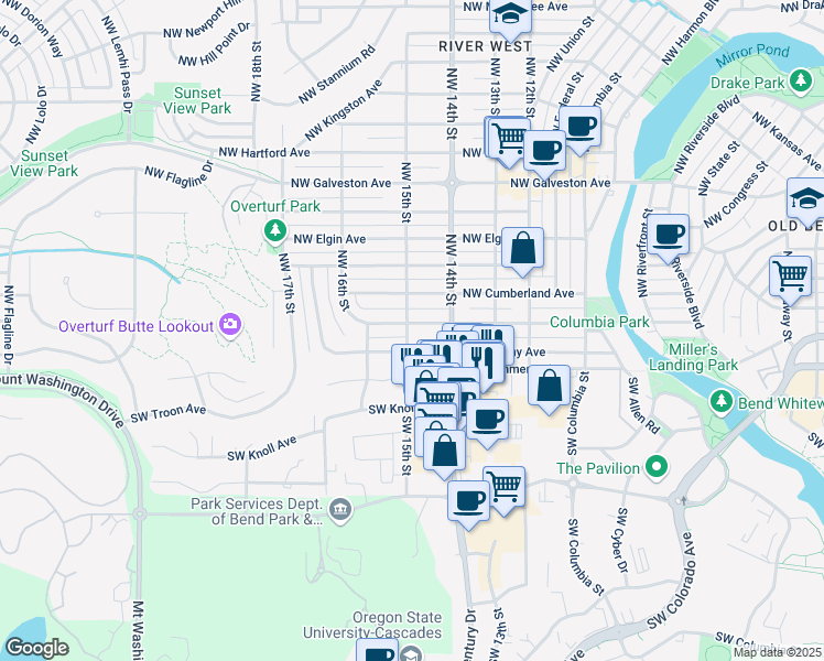 map of restaurants, bars, coffee shops, grocery stores, and more near 1460 Northwest Albany Avenue in Bend