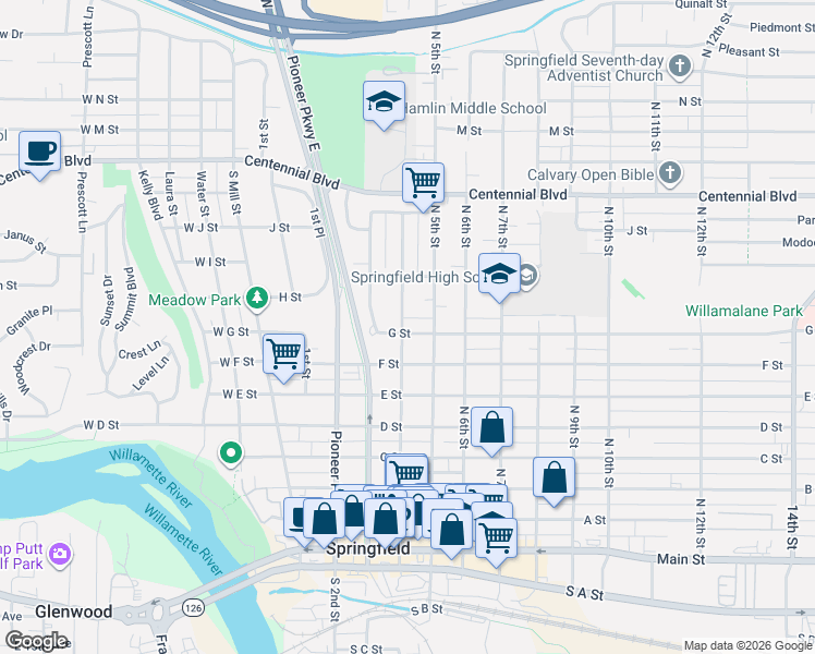 map of restaurants, bars, coffee shops, grocery stores, and more near 736 4th Street in Springfield
