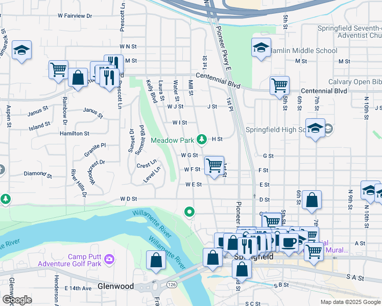 map of restaurants, bars, coffee shops, grocery stores, and more near 767 Water Street in Springfield