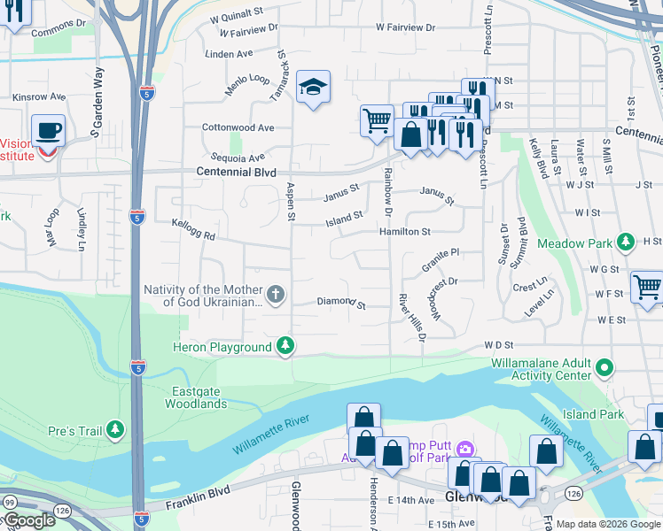 map of restaurants, bars, coffee shops, grocery stores, and more near 1023 Lupine Street in Springfield