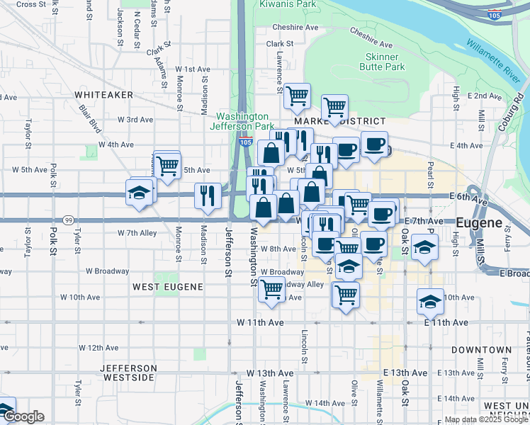 map of restaurants, bars, coffee shops, grocery stores, and more near 700 Lawrence Street in Eugene