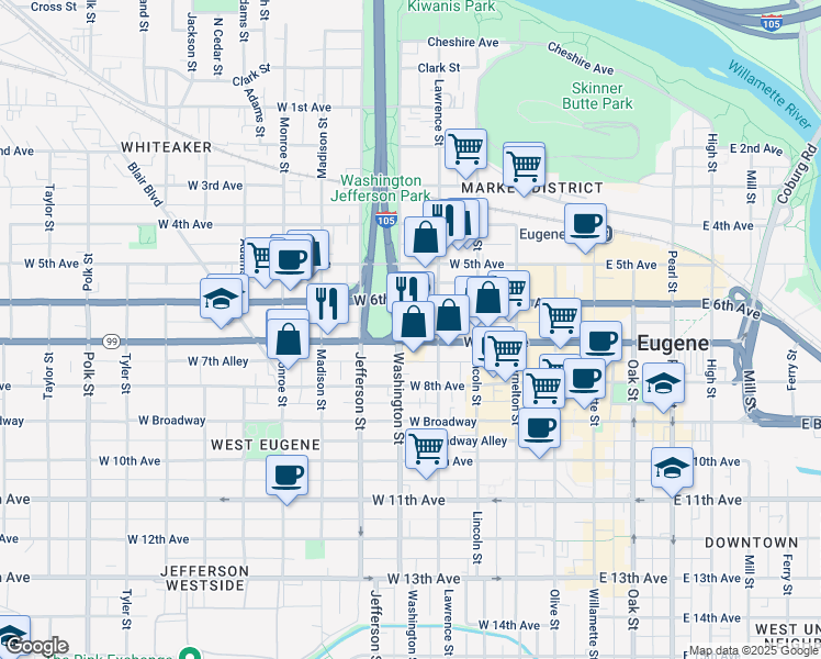 map of restaurants, bars, coffee shops, grocery stores, and more near in Eugene