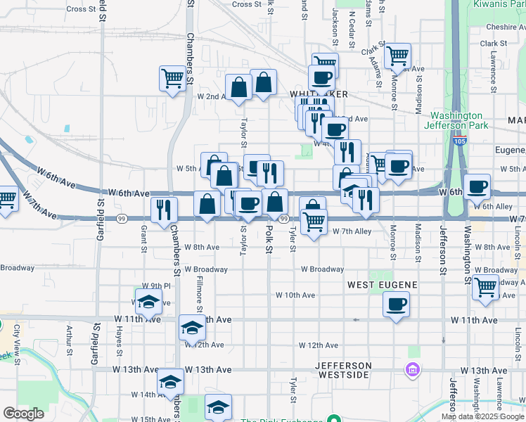 map of restaurants, bars, coffee shops, grocery stores, and more near 1290 West 7th Avenue in Eugene