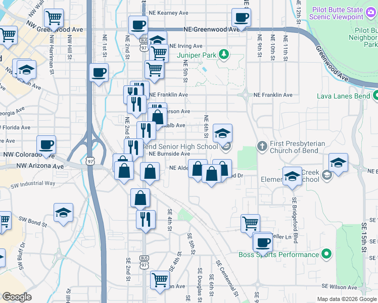map of restaurants, bars, coffee shops, grocery stores, and more near 204 Northeast 5th Street in Bend