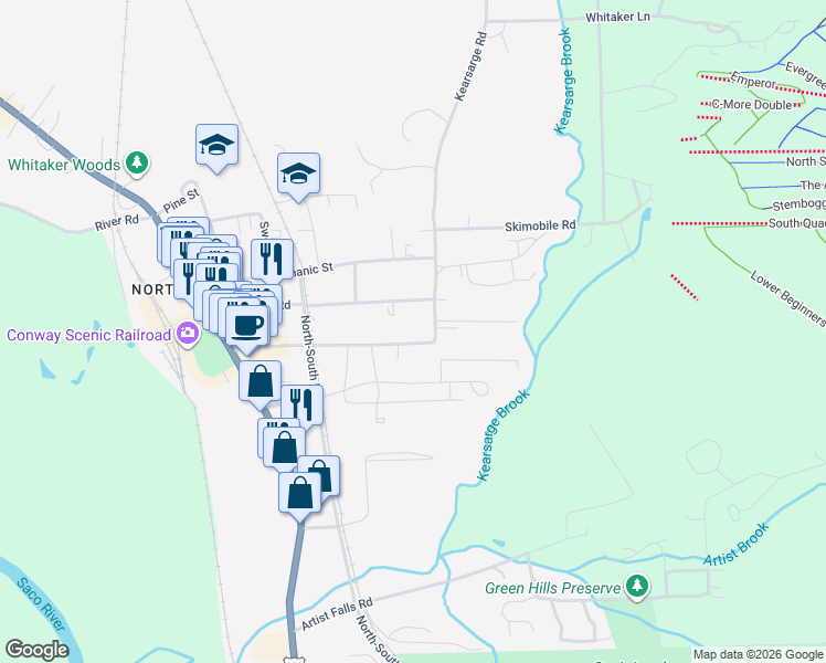 map of restaurants, bars, coffee shops, grocery stores, and more near 193 Seavey Street in Conway