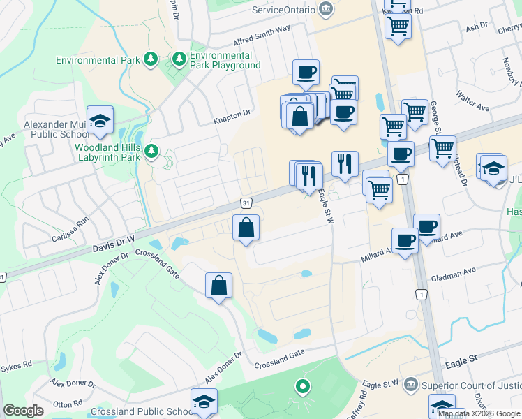 map of restaurants, bars, coffee shops, grocery stores, and more near 20 Lytham Green Circle in Newmarket