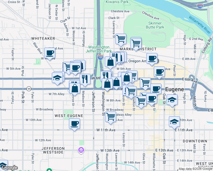 map of restaurants, bars, coffee shops, grocery stores, and more near 495 West 7th Avenue in Eugene