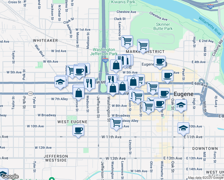 map of restaurants, bars, coffee shops, grocery stores, and more near 495 West 7th Avenue in Eugene