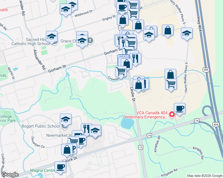 map of restaurants, bars, coffee shops, grocery stores, and more near 100 William Curtis Circle in Newmarket