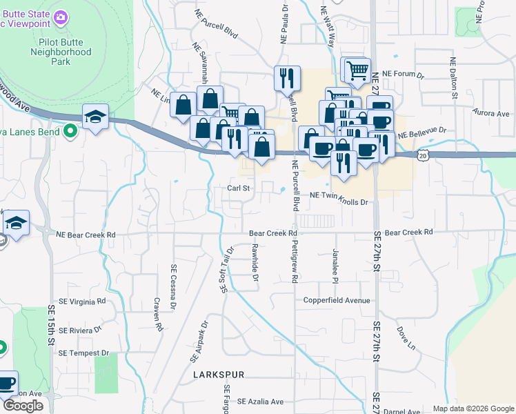 map of restaurants, bars, coffee shops, grocery stores, and more near 21045 Don Street in Bend