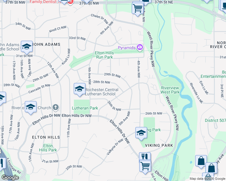 map of restaurants, bars, coffee shops, grocery stores, and more near 616 27th Street Northwest in Rochester