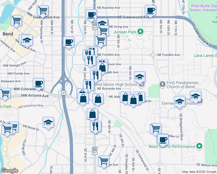 map of restaurants, bars, coffee shops, grocery stores, and more near 407 Northeast Burnside Avenue in Bend