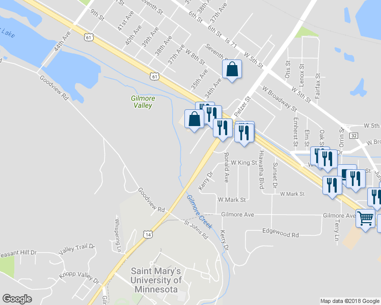 map of restaurants, bars, coffee shops, grocery stores, and more near 570 Cottonwood Drive in Winona