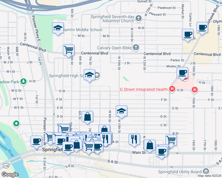 map of restaurants, bars, coffee shops, grocery stores, and more near 749 9th Street in Springfield