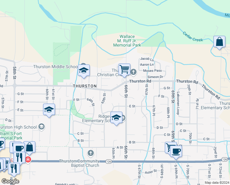 map of restaurants, bars, coffee shops, grocery stores, and more near 6539 Thurston Road in Springfield