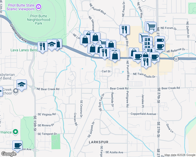 map of restaurants, bars, coffee shops, grocery stores, and more near 62025 Northeast Nate's Place in Bend