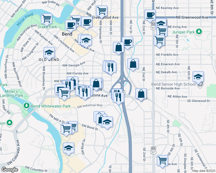 map of restaurants, bars, coffee shops, grocery stores, and more near 110 Northwest Colorado Avenue in Bend