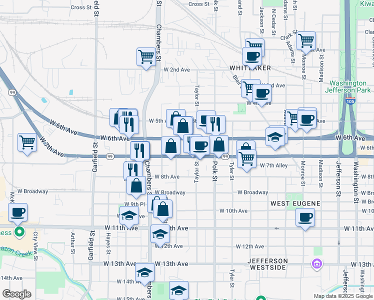 map of restaurants, bars, coffee shops, grocery stores, and more near 1488 West 7th Avenue in Eugene
